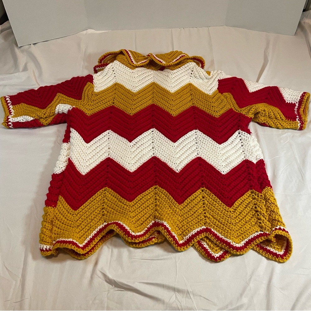 Handmade Crochet Chevron Cardigan‎ Sweater Yellow Red White Zig Zag Open Front